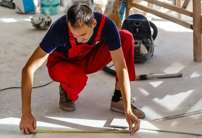 Man meet met meetlint hoe groot het stuk vloerbedekking moet zijn.